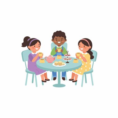 Üç farklı çocuğun, bir erkek ve iki kızın bir masada oturup kek ve içeceklerle çay partisinin tadını çıkardıkları bir resim. Beyaz bir arkaplanda izole edilmiş.