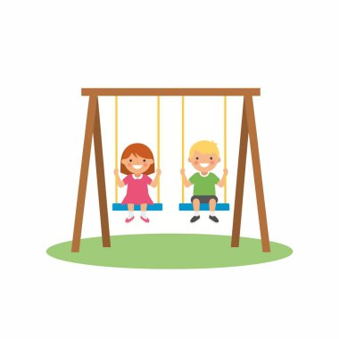 Mutlu bir oğlan ve kızın ahşap salıncakta sallanışını gösteren şirin bir vektör çizimi. Çocuklar gülümsüyor ve beyaz arka planda izole edilmiş yeşil bir çimenlikte oyun parkında vakit geçiriyorlar..