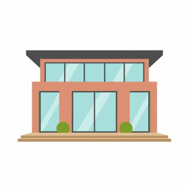 Çağdaş iki katlı konut binasının düz vektör çizimi. Modern evde düz bir çatısı, büyük cam pencereleri ve kapıları olan minimalist bir tasarım yer alıyor..