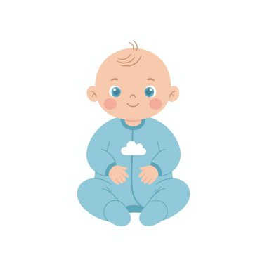 Oturan mutlu bir erkek bebeğin sevimli bir çizimi. Göğsünde küçük beyaz bir bulut olan açık mavi bir tulum giyiyor. İzole edilmiş düz vektör grafik karakteri.