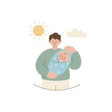 Kundaklanmış bebeğini tutan mutlu bir babanın düz vektör çizimi. Sahne, babalık ve aile hayatının neşesini ve sıcaklığını simgeleyen güneşli bir günü tasvir ediyor..