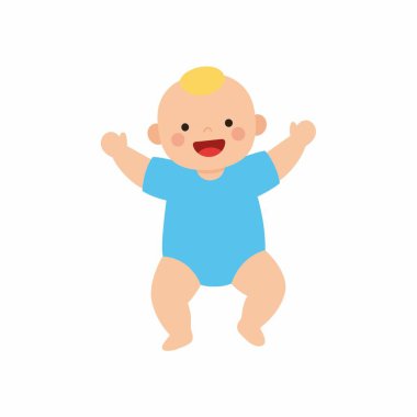 Sarı saçlı, mavi tulumlu mutlu bir erkek bebeğin şirin bir çizimi. Bebek kollarını kaldırıp gülümsüyor, beyaz bir arka planda soyutlanmış. Vektör grafiği.