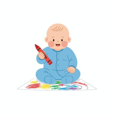 Yerde oturup resim yapmayı öğrenen mutlu bir bebeğin çok güzel bir çizimi. Bebek kırmızı pastel boya tutuyor ve beyaz bir kağıda renkli karalamalar yapıyor, izole edilmiş bir vektör..