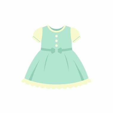 Bebek ya da kız bebek elbisesinin büyüleyici düz vektör çizimi. Açık mavi elbisenin kısa sarı kolları, yay takılı bir kemeri ve beyaz arka planda izole edilmiş düğmeleri var..