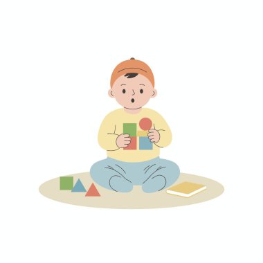 Çeşitli şekillerde blokları olan eğitici oyun oynayan bir bebeğin büyüleyici düz vektör çizimi. Motor becerileri ve erken gelişim kavramı.