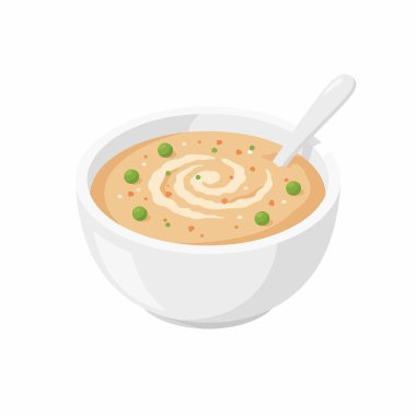 Lezzetli bir kase sıcak krema çorbasının vektör çizimi. Tabak yeşil bezelye, krema ve baharatlarla süslenmiş, yemeye hazır bir kaşıkla. Beyaz bir arkaplanda izole edilmiş.