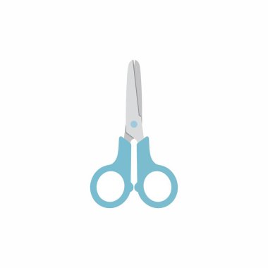 Küçük, mavi saplı makasın düz vektör simgesi. Yuvarlak bıçaklı bu güvenlik makası çocuklar, okul projeleri, el sanatları veya genel kırtasiye kullanımı için uygundur..