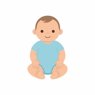 Kahverengi saçlı, açık mavi tulumlu mutlu bir erkek bebeğin çekici bir temsili. Bebek oturuyor ve gülümsüyor, temiz beyaz bir arka planda izole edilmiş..