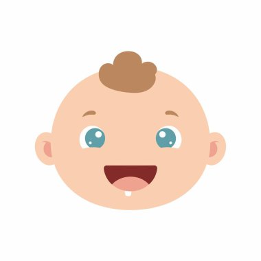 Gülümseyen bir bebek kafasının basit ve şirin bir çizimi. Bebeğin büyük mavi gözleri, bir tutam kahverengi saçı ve bir dişini gösteren açık bir ağzı var. Avatarlar veya simgeler için düz tasarım karakteri.
