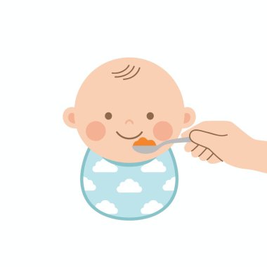 Bulut desenli önlük takan gülümseyen bir bebeğin basit ve şirin bir temsili. Yetişkinler tarafından kaşıkla turuncu bebek maması veriliyor. Beyaz bir arkaplanda izole edilmiş.