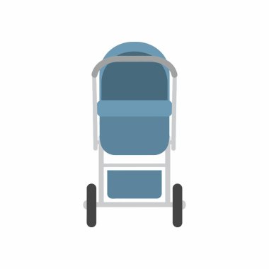 Modern mavi bebek arabasının basit bir düz tasarım vektör ikonu ya da ön görüntüden gösterilen bir bebek arabası. Vagon temiz beyaz bir zeminde izole edilmiştir..