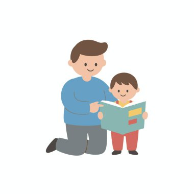 Bir baba ve küçük oğlunun birlikte kitap okuduğu düz bir vektör çizimi. Aile bağlarını, ebeveynliği, babalığı ve erken çocukluk eğitimini bembeyaz bir arka planda izole eden iç açıcı bir sahne..