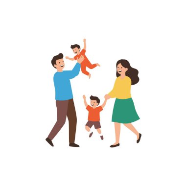 Neşeli bir anda, annesi, babası ve iki oğlu olan neşeli bir aile. Anne diğerinin elini tutarken baba bir çocuğu kaldırır. Düz çizgi film beyaz üzerine izole.