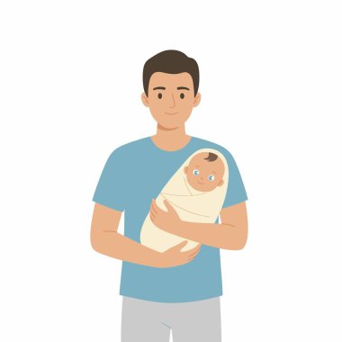 Yeni doğmuş bebeğini nazikçe tutan yeni bir babanın vektör çizimi. Babalık, ebeveynlik ve aile bakımı kavramı. Beyaz bir arkaplanda izole edilmiş.