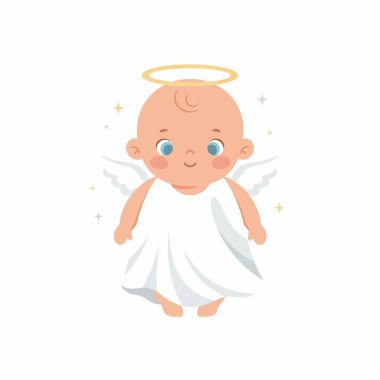 Büyük mavi gözleri, altın bir halesi ve beyaz bir elbisesi olan ve beyaz bir arka planda izole edilmiş küçük beyaz kanatları olan melek bir bebek meleğin sevimli bir tasviri..