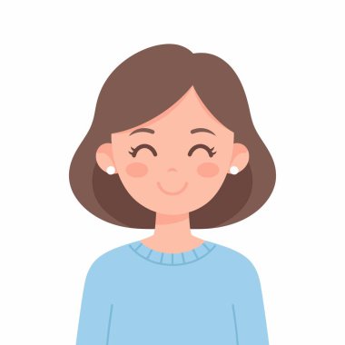 Kısa saç kesimi, kapalı gözleri ve nazik bir gülümsemesi olan neşeli genç bir kadının vektör çizimi. Mavi bir süveter ve küpe takıyor, beyaz bir arka planda izole edilmiş..