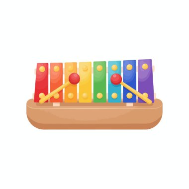 Renkli bir oyuncak ksilofon ya da gökkuşağı renkli anahtarlı glockenspiel ve iki tokmak. Bu klasik müzik enstrümanı çocuklar için beyaza izole edilmiş bir vektör çizimi olarak gösterilir..