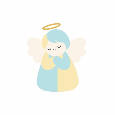 Gözleri kapalı, altın bir halesi ve kanatları olan dua eden bir meleğin tatlı ve basit bir çizimi. Karakter, beyaz arka planda yumuşak pastel mavi ve sarı renklerde tasarlanmıştır..