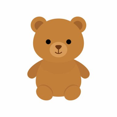 Oturan kahverengi bir ayının basit ve sevimli bir karikatür çizimi. Pofuduk oyuncağın dost canlısı bir yüzü var ve temiz beyaz bir arka planda izole edilmiş..