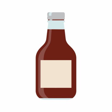Barbekü ya da soya sosu gibi koyu kahverengi sosla dolu cam bir şişenin düz vektör çizimi. Şişede beyaz bir arka planda izole edilmiş gümüş bir kapak ve özel metin veya markalaşma için boş bir etiket yer alıyor..