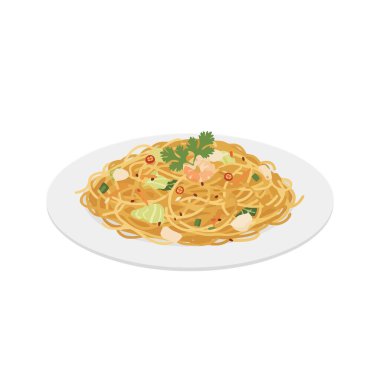 Klasik İtalyan makarna yemeğinin detaylı bir çizimi. Beyaz arka planda izole edilmiş beyaz bir tabakta servis edilen karides, sarımsak, biber ve taze maydanozlu spagetti..