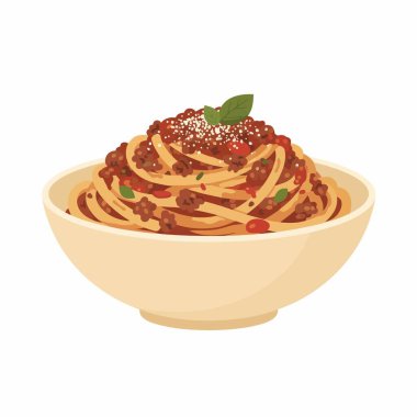 Bolonez soslu spagetti, rendelenmiş parmesan peyniri ve taze fesleğen yaprağı içeren bir spagetti kasesinin detaylı vektör çizimi. Beyazda izole edilmiş.