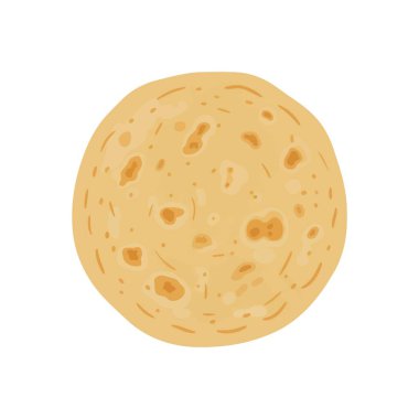Tek yuvarlak buğday tortilla veya chapati yassı ekmeğinin basit bir vektör çizimi. Düz ekmek yukarıdan aşağıya doğru gösterilir ve düz beyaz bir arkaplanda izole edilir.