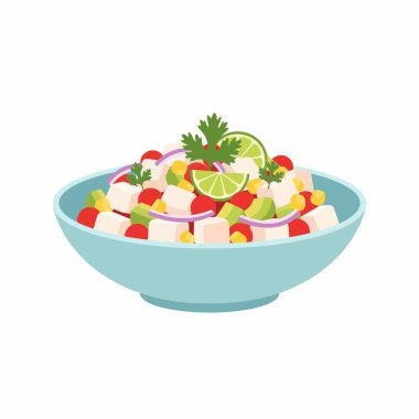 Çiğ balık, limon, soğan, domates ve kişniş soslu geleneksel Latin Amerika ceviche 'si. Sağlıklı ve taze deniz ürünleri aperatifi. Düz vektör çizimi beyaz arkaplanda izole edildi.