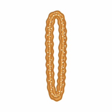 Tek bir döngülü churro 'nun vektör çizimi. Bu geleneksel İspanyol hamur tatlısı altın kahverengidir ve şekerle kaplıdır, beyaz bir zemin üzerinde izole edilmiştir..
