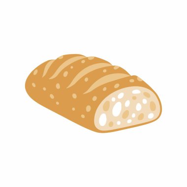 Dilimlenmiş bir somun ekmeğin basit, düz bir vektör çizimi. Kenarları altın kahverengidir ve gözenekli kırıntılar görünür. Beyaz bir arkaplanda izole edilmiş.