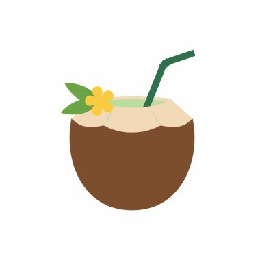 Hindistan cevizi kabuğunda servis edilen ferahlatıcı tropikal bir içeceğin basit bir düz tasarım ikonu. Bu izole grafikte yeşil bir pipet ve yaz temaları için mükemmel sarı bir çiçek var..