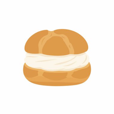 Klasik Fransız kremalı pufunun basit ve temiz bir düz vektör çizimi. Altın choux hamur işi dilimlenir ve kalın bir krema tabakasıyla doldurulur..