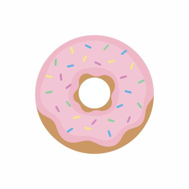 Pembe şekerli ve renkli şekerli lezzetli bir donut. Beyaz arka planda izole edilmiş lezzetli bir tatlı ya da aperatif. Düz vektör illüstrasyonu.