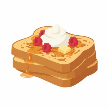 Üzerinde taze ahududu, bir tutam krema, bir tutam tereyağı ve beyaz arka planda izole edilmiş akçaağaç şurubu bulunan iki dilim altın yumurtalı ekmeğin vektör çizimi..