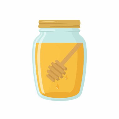 Şeffaf cam bir kavanozun basit ve temiz bir tasviri içinde altın bal ve ahşap bir kepçeyle dolu. Beyaz bir arkaplanda izole edilmiş.