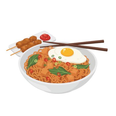 Lezzetli bir kase Endonezya usulü kızarmış şehriye Mie Goreng 'in üzerine yumurta, acı biber ve yeşillik, yanında tavuk şiş ve sambal sosu ile servis edilir..