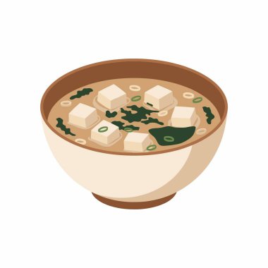 Klasik Japon miso çorbasının basit bir düz vektör ikonu. Tabakta, tofu küplü dashi çorbası, wakame yosunu ve beyaz bir zemin üzerinde izole edilmiş doğranmış yeşil soğan bulunuyor..
