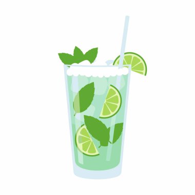 Buz küpleri, taze nane yaprakları ve limon dilimleriyle dolu ferahlatıcı bir mojito kokteyli. Limon dilimi ve pipetle süslenmiş. Düz vektör sanat biçimi.