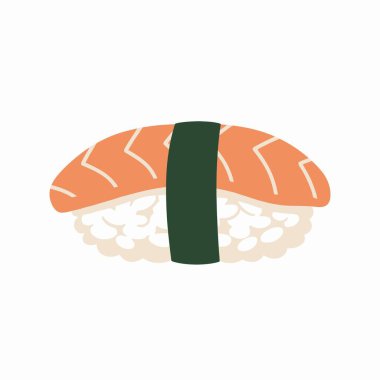 Japon somon nigiri suşisinin karikatür tarzı bir simgesi. Turuncu balık beyaz pirincin üzerine oturur ve koyu yeşil bir yosun şeridiyle kaplıdır..