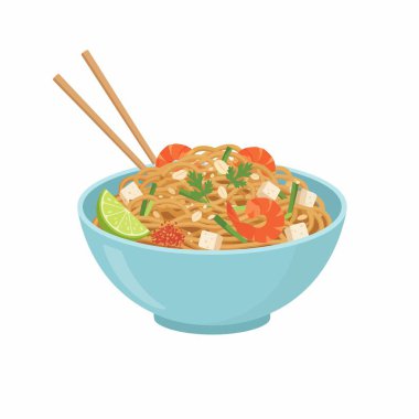 Geleneksel Tayland yemek çanağının mavi bir kasedeki vektör çizimi. Yemek, erişte, karides, tofu, sebze ve yemeye hazır çubuklarla birlikte limon dilimini içeriyor. Beyazda izole edilmiş.