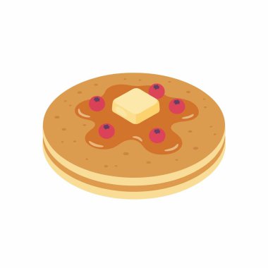 İki krep yığınının basit ve temiz bir vektör çizimi. Kahvaltı yiyecekleri eritilmiş tereyağı, tatlı şurup ve taze böğürtlenlerle kaplıdır. İzole edilmiş düz tasarım simgesi.