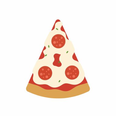 Erimiş mozzarella peyniri, domates sosu ve bitkilerle birlikte nefis bir dilim pepperoni pizzasının çizgi film çizimi. Beyaz arkaplanda düz tasarım yiyecek simgesi.