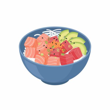 Geleneksel Hawai poke kasesinin mavi bir kasede, taze çiğ somon, ton balığı, dilimlenmiş avokado ve beyaz arka planda izole edilmiş bir pirinç yatağında susam tohumlarının yer aldığı vektör çizimi..
