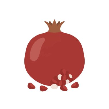 Taçlı olgun bir narın basit bir düz vektör çizimi. Meyvenin tabanına birkaç kırmızı yakut tohumu saçılmış, temiz beyaz arka planda izole edilmiş..