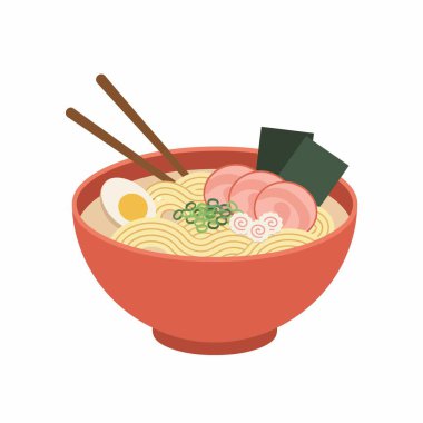 Geleneksel Japon ramen kasesinin vektör çizimi erişte, domuz eti, yumurta ve yosun ile birlikte. Beyaz arka planda çubuklarla sıcak servis edilen klasik bir Asya yemeği..