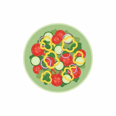 Yukarıdan bakıldığında yeşil bir kasede canlı ve sağlıklı bir sebze salatası. Bu düz vektör illüstrasyonunda dilimlenmiş domates, salatalık, sarı dolma biber ve soğan bulunur..