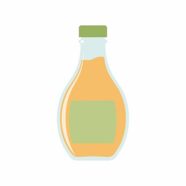 Portakal suyu, sos ya da sos ile doldurulmuş berrak bir şişenin basit, düz bir tasarım ikonu. Fotokopi alanı için yeşil başlığı ve boş yeşil etiketi var..