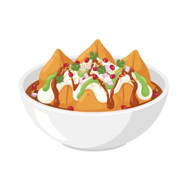 Samosa Chaat 'ın vektör çizimi, popüler bir Hint sokak yemeği, beyaz arka planda yoğurt, baharat ve nar tohumlarıyla dolu beyaz bir kasede servis edilir..