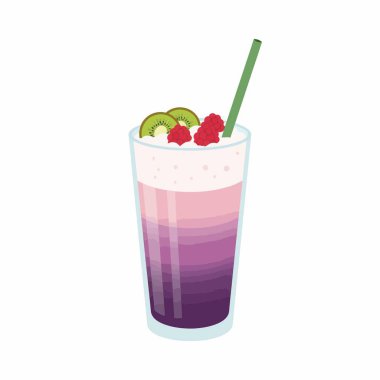 Uzun bir bardakta canlı, katmanlı mor ve pembe bir smoothie. Üstü kabarık krema, taze kivi dilimleri ve yeşil pipetli kırmızı ahududu ile kaplı. İzole vektör sanatı.