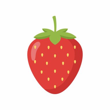 Yeşil yapraklı ve sarı tohumlu tek bir olgun kırmızı çileğin düz vektör ikonu. Bu basit ve temiz grafik beyaz bir arkaplanda izole edilmiştir. Yemek, sağlık ve yaz temaları için mükemmeldir..